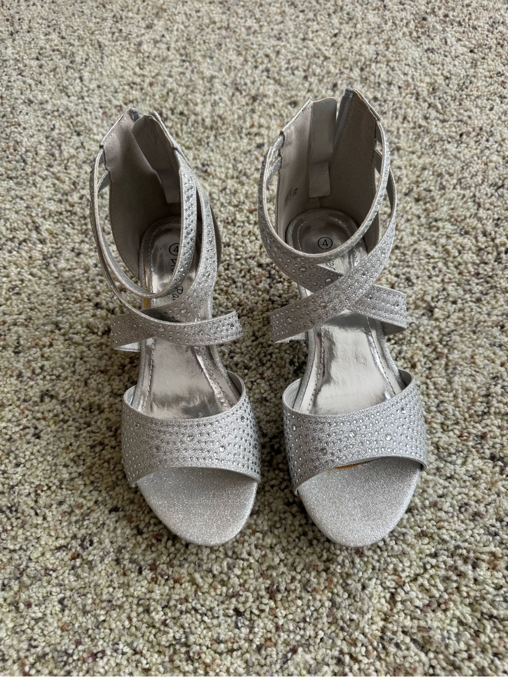Silver Glitter Strappy Big Girls Size 4 Heels